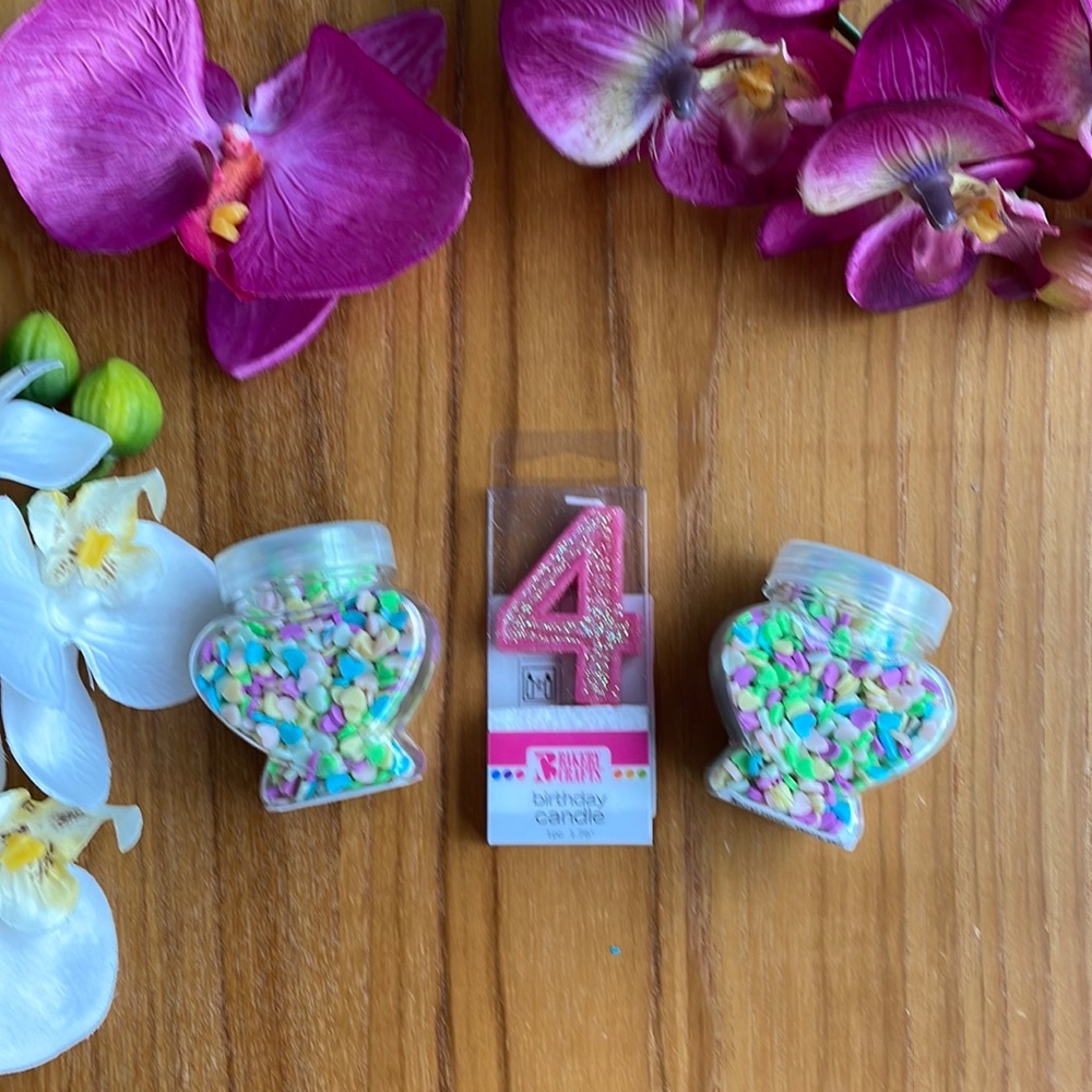 4th Birthday Pink Candle and 2 Jars of Heart Shaped Multiple color Sprinkles